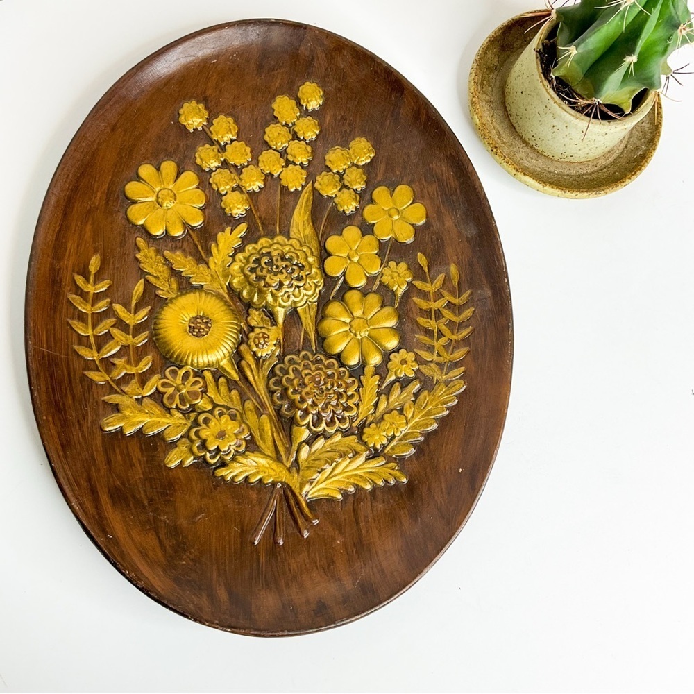 VINTAGE 70s Boho Wall Plaque Golden Yellow Floral Carved Mid-Century Décor